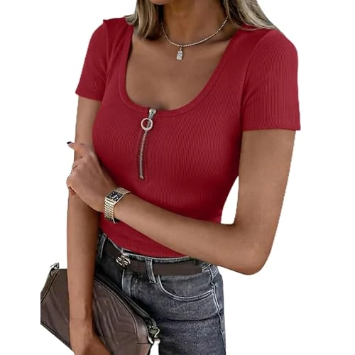 Offre limitée : Totatuit Haut Femme Manches Courtes Sexy Côtelé Col U avec Fermeture Zip de 9.99 € à 9.49 € (5% de remise)