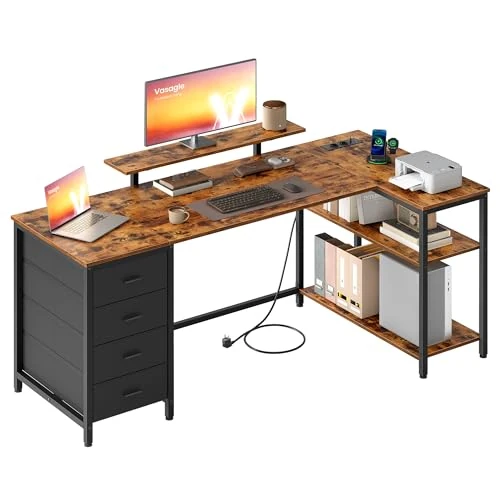 Offerta a tempo: VASAGLE Scrivania Angolare a L con Prese di Corrente, Scrivania da Gaming, Layout Reversibile, Ripiani Regolabili, 4 Cassetti, 2 Porte USB, Studio Ufficio, 160 x 80 cm, Marrone Vintage LWD173KD01 - 0.00% da 115.99 € a 115.99 €