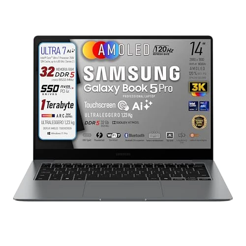 Offerta a tempo: Samsung Notebook, Galaxy Book5 Pro display AMOLED 3K WQXGA+ (14”) Touch Screen, Intel Core Ultra 7-258V, Ram DDR5 32Gb 8533MHz, SSD Nvme da 1Tb, Ultraleggero 1,23 Kg, Win11 Pro, Gar. Italia - 0% da 1699.00 € a 1699.00 €