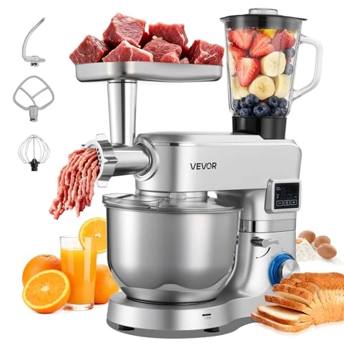 Offre limitée : VEVOR Robot Pâtissier et Culinaire 5,7 L, Batteur sur Socle 1500 W avec Fonction Hachoir à Viande et Blender de 1,5 L, Batteur Mixeur 6 Vitesses avec Pulse, Bol en Inox, Mélange Fouettage Pétrissage de 142.90 € à 107.90 € (24% de remise)