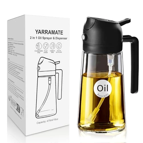 Offerta a tempo: YARRAMATE Spruzzatore di olio da cucina, bottiglia di olio d'oliva 2 in 1 per cucina, bottiglia di olio di vetro da 17 oz/470 ml per friggitrice ad aria, barbecue (Nero Ossidiana) - 36% da 13.99 € a 8.99 €