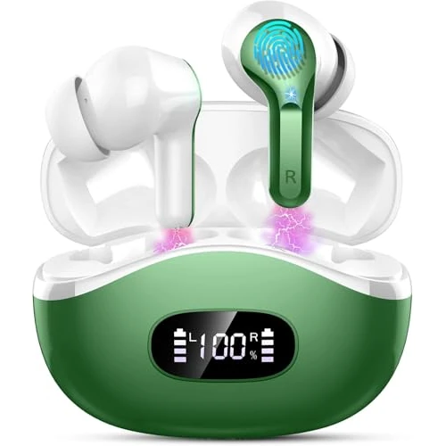 Ordtop Bluetooth Headphones, Bluetooth 5.3 Earphones with 4 HD ENC Noise Cancelling Mics, 40 Hours HiFi Stereo Bluetooth Headphones with LED USB-C Display, IP7 Waterproof Wireless Headphones for