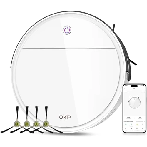 OKP K5 Robot Vacuum Cleaner, 2500Pa, Battery Life 120 Minutes, Ultra-Slim 3" Design, 4 Suction Modes, Suitable for Hard Floors, Pet Hair and Carpets, WiFi/Alexa/Application Compatible, White