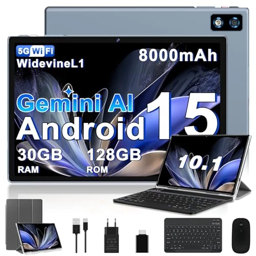 Offerta a tempo: 2026 ultimo Tablet 10 Pollici Android 15 Con 5G WiFi Octa-Core 2.0GHz, Gemini AI tablets, 30GB RAM+128GB ROM, 8000mAh, GPS, OTG, Widevine L1 - tablet in offerta con Tastiera, Mouse, Custodia - Grigio - 72% da 359.99 € a 99.99 €