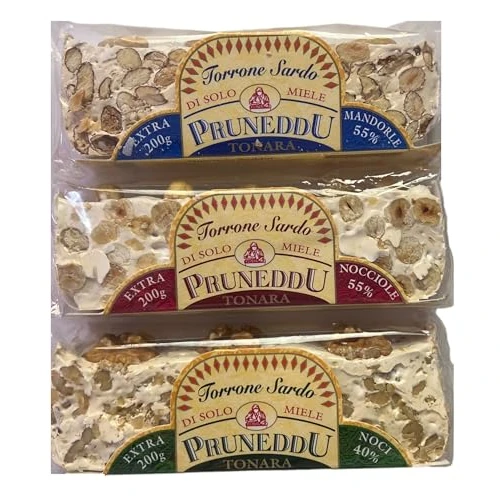 Offerta a tempo: Selezione di 3 Torroni Sardi -Pruneddu- di solo Miele e 55% di Nocciole, Noci e Mandorle 200 Grammi - 17% da 29.99 € a 24.99 €