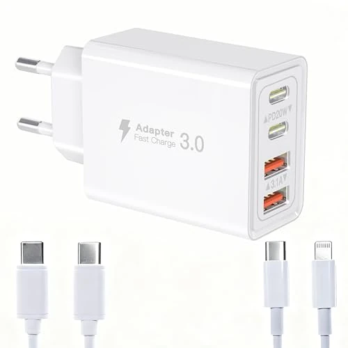 USB C Ladegerät Mit USB C Kabel Und iPhone Ladekabel, 4-Port Schnellladegerät 2 USB-C PD + 2 USB-A, Mehrfach USB Netzteil Für iPhone 17 16 15 14 Samsung Galaxy S25 S24, iPad Lightning Adapter Stecker