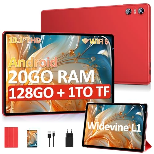 Offre limitée : SKYEGG Tablette 10 Pouces Android avec 20 Go RAM+128 Go ROM (Extensible Jusqu'à 1 to), Octa-Core, Widevine L1, Wi-FI 6, BT 5.0, 6000 mAh, 5MP+8MP, Tablette Tactile avec étui de Protection, Rouge de 179.99 € à 75.99 € (58% de remise)