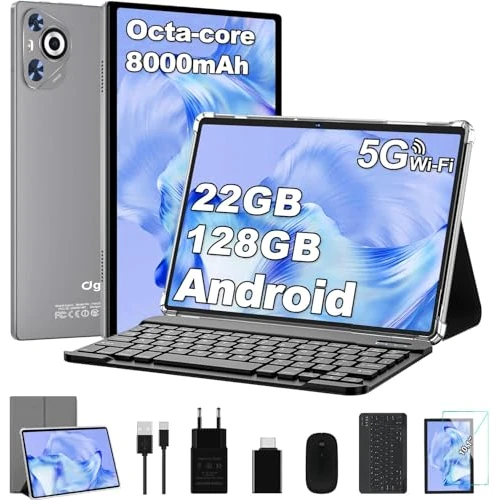 Dghrti 2025 Tablet 10 Zoll Android 14, 22 GB RAM 128 GB ROM/TF 1 TB, 8-Core, 8000 mAh, Metallgehäuse, Face ID, Dual WiFi, 8 MP + 5 MP, Widevine L1, Augenschutz, Tastatur, Maus, Grau
