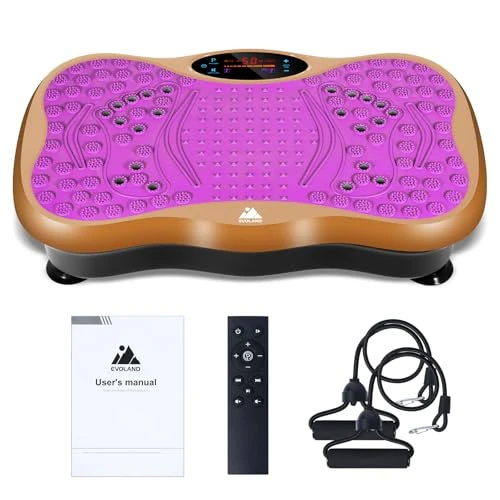 EVOLAND Trilplaat, trainingsapparaat met 5 trainingsprogramma's tot 99 intensiteitsniveaus, bluetooth-luidspreker, weerstandsbanden met handgreep voor full-body training en lichaamsvorming, paars