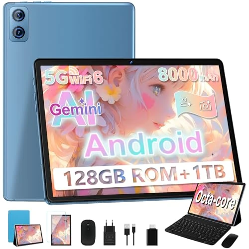 Dghrti 2025 Tablet 10 Zoll Android 14, 22 GB RAM + 128 GB ROM/TF 1 TB, 8-core 2.0 GHz, 8000 mAh, UFS 2.1 Flash, Metallgehäuse, Dual WiFi, BT5.0, 8 + 5 MP, Widevine L1, mit Tastatur und Maus, Blau