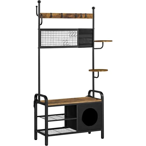 Tijdelijke aanbieding: Yaheetech Industriële kledingstandaard voor mensen en katten, met kattenhuis, organizer voor jassen en schoenen, 3 niveaus, met schoenenplanken, haken, bruin, rustiek van 34.99 € naar 34.99 € (0.00% korting)