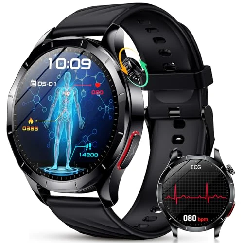 YUPENG Reloj Inteligente con ECG/Ácido Úrico/Lípidos, 1.43" ECG Smartwatch con BMI/Fatiga/Emociones, 24/7 Presión Arterial, Temperatura Corporal, SpO2 para Android iOS