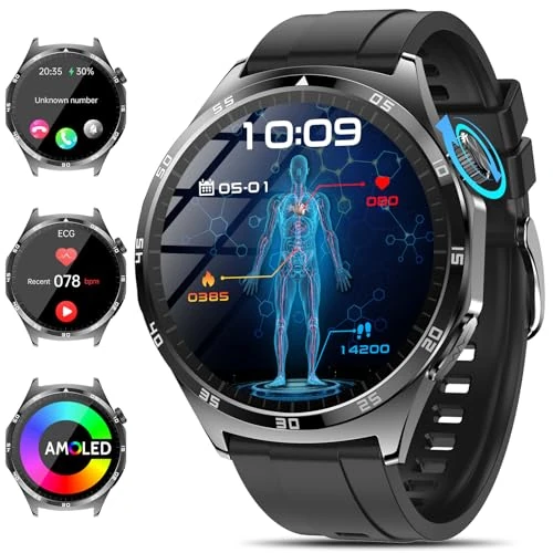 Marsyu 2026 Neue Smartwatch Herren Damen Rund, 1,43" HD AMOLED Fitness mit Bluetooth-Anrufe und Nachrichtenerinnerung SOS-Notruf, IP68 wasserdicht, für iOS Android