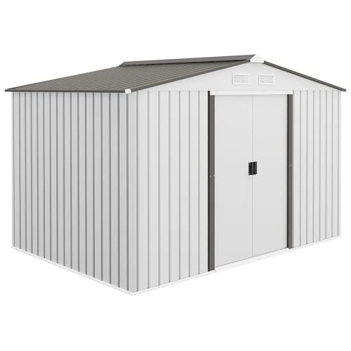 Offerta a tempo: Outsunny Casetta da Giardino 5m² in Acciaio Zincato con kit Fondazione, Prese d'Aria, Capanno da Giardino con Tetto Inclinato, Doppia Porta Scorrevole Bloccabile, Capanno Porta Attrezzi, Bianco - 0.00% da 315.95 € a 315.95 €