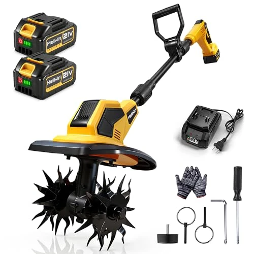 MELLWIN Electric Tiller Cultivator 360RPM with 2 × 4.0Ah Batteries, Brushless Motor Steel Tines Cordless Tiller, 24CM Tilling Width, 17CM Depth garden tillser, 4 Blades, Ideal for Compacted Ground