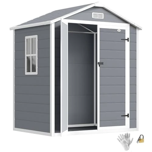 Offerta a tempo: Outsunny Casetta da Giardino Porta Attrezzi in Finitura Effetto Legno Graffiato con Pavimento, 2.12m² Capanno da Giardino con Doppia Porte e Serratura, Tetto Inclinato, 183x134x210 cm, Grigio - 13% da 438.95 € a 379.95 €