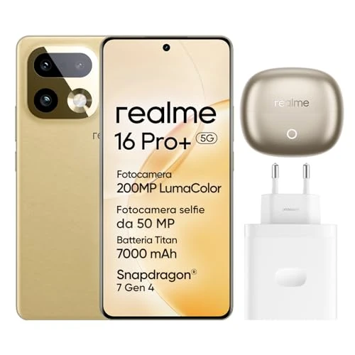 realme 16 Pro+ 5G Smartphone, 8GB+256GB, Pantalla Curva AMOLED 144Hz 6,8", Batería 7000mAh, Cámara 200MP OIS, IP69K, Carga Rápida 80W, Dual SIM, Next AI, Oro (con Adaptador)