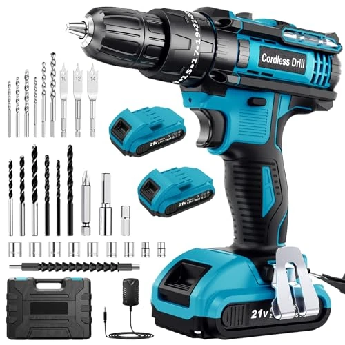 Offerta a tempo: Trapano Avvitatore Batteria 21V, LEEIKOO Avvitatore Elettrico con Batteria da 2.0Ah, 42N.m di Coppia, 2 Velocità, 18+1 Coppia, 20 Accessori, Luce a LED, Per il fai da te, in Casa e Giardino - 46.67% da 59.99 € a 31.99 €