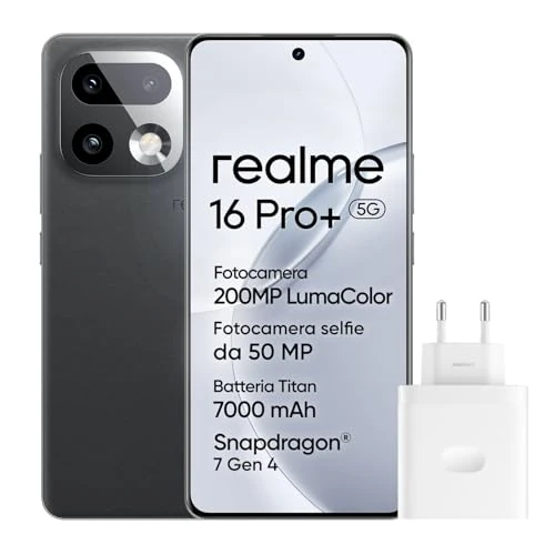 Offerta a tempo: realme 16 Pro+ 5G Smartphone, 8GB+256GB, Display Curvo AMOLED 144Hz 6,8", Batteria 7000mAh, Fotocamera 200MP OIS, IP69K, Ricarica Rapida 80W, Doppia SIM, Next AI, Grigio (Con Adattatore) - 15% da 529.99 € a 449.99 €
