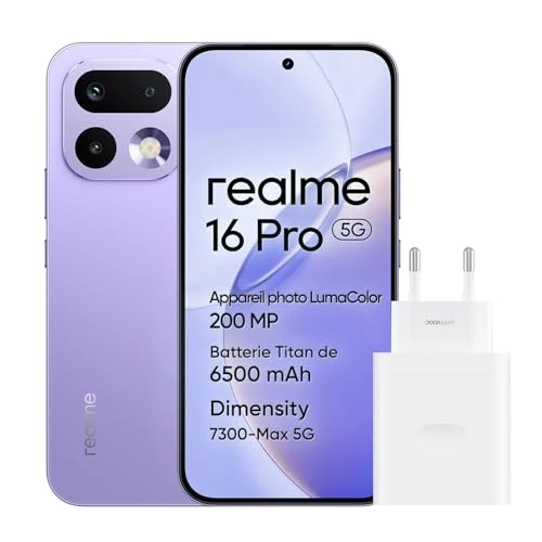 Oferta limitada: realme 16 Pro 5G Smartphone, 8GB+256GB, Pantalla AMOLED 144Hz 6,78", Batería 6500mAh, Cámara 200MP OIS, IP69K, Carga Rápida 45W, Dual SIM, Next AI, Violeta (con Adaptador) Garanzia Standard di 3 Anni de 383.69 € a 383.69 € (ahorro 0.00%)