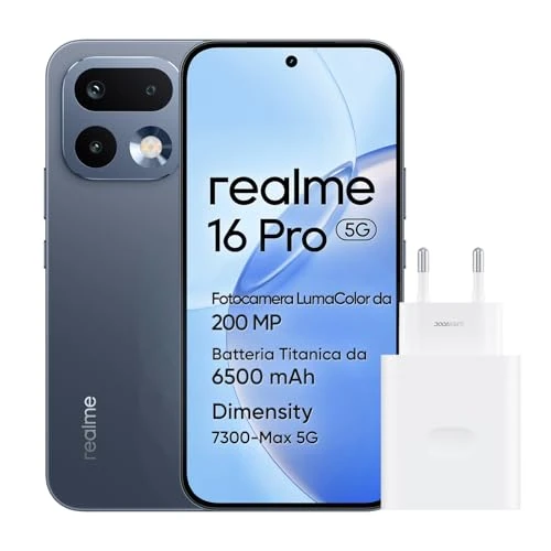 Offerta a tempo: realme 16 Pro 5G Smartphone, 8GB+256GB, Display AMOLED 144Hz 6,78", Batteria 6500mAh, Fotocamera 200MP OIS, IP69K, Ricarica Rapida 45W, Doppia SIM, Next AI, Grigio (Con Adattatore) - 15% da 399.00 € a 339.00 €