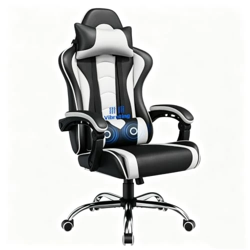 Offerta a tempo: Yaheetech Sedia Gaming Ergonomica Massaggiante Reclinabile con Poggiatesta e Supporto Lombare Braccioli Imbottiti in Finta Pelle, Poltrona Gamer da Scrivania con Ruote Girevole Bianco - 36% da 119.99 € a 76.95 €