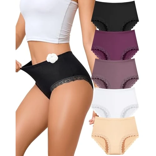 Tijdelijke aanbieding: Sth Big Katoenen onderbroek voor dames, hoge taille, kanten ondergoed, comfortabele hoge taille, slip, katoenen ondergoed, kanten slip, multipack, Meerkleurig A-5-pack, L van 15.80 € naar 15.80 € (0.00% korting)