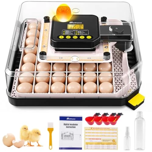Sailnovo Incubadora de Huevos Automática 48 Huevos con Control Preciso Temperatura/Humedad, Volteador Automático de Huevos, Vista 360°, Ovoscopio Para Huevos, Para Gallina/Pato/Codorniz,Gris
