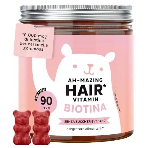 Biotin Gummies Ah-mazing Hair Vitamin – voor Haar, Huid en Nagels - 10.000 µg Biotine, Zink, Vitamines B6, C, E & Jodium – 90 stuks (3 maanden voorraad), Vegan, Suikervrij - Bears with Benefits