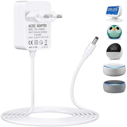 Alimentatore 15W per Alexa Echo Dot (3rd/4th/5th Gen), Echo Dot Kids Edition, Show 5 1a 2a Gen/Spot/Pop Fire TV Cube, Adattatore Caricatore Caricabatterie con Cavi 1.8M (Bianco)