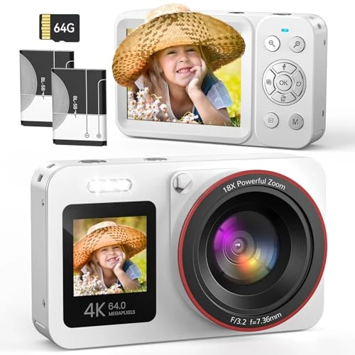 Offre limitee: Appareil Photo Numérique 4K 64MP Digital Camera 18X Zoom Numérique Appareil Photo Compact Portable avec 2 Écran, 2 Batteries Carte SD de 64 GB pour Étudiant Débutant Cadeau, Blanc de 79.99 EUR a 59.99 EUR (economie 25%)