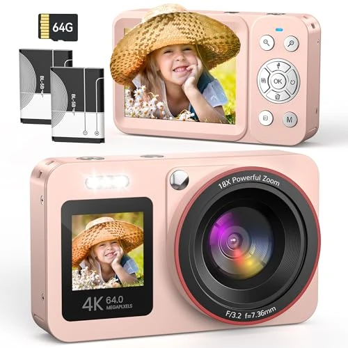Offerta a tempo: Macchina Fotografica Digitale 4K 64MP Fotocamere Digitali Compatte 18X Zoom Fotocamera Digitale con Scheda 64GB con 2 Batteries,2 Schermi Per Bambini Studenti Principianti, Rosa - 39% da 79.99 € a 48.86 €