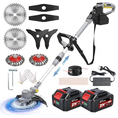 Offerta a tempo: Decespugliatore a Batteria 21V, Tagliabordi a Batteria 5 In 1 Tagliaerba a Batteria con Spazzola per Erbacce e 2 Batterie 4,0 Ah, Brushless Decespugliatore Elettrico, Maniglia a Scomparsa, Grigio - 6% da 169.17 € a 159.71 €