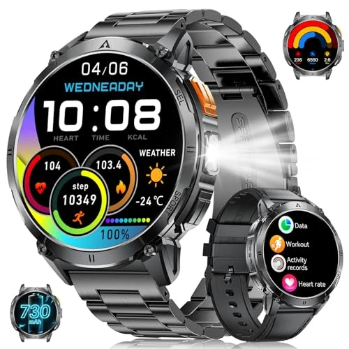 Smartwatch Herren Militär mit LED-Licht, 1,62 Zoll AMOLED Display Fitnessuhr mit Telefonfunktion, 730mAh Akku, 24/7 Herzfrequenz/Schlafmonitor, 119 Sportmodi Sportuhr für iOS Android, 2 Uhrenbänder