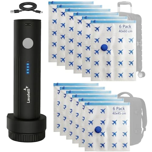 Offerta a tempo: Lavatelli - Ultimate Travel Set, Pompa Sottovuoto Wireless + 12 Sacchetti Salvaspazio (6x 40x45 + 6x 40x60cm), Kit per Zaino e Trolley, Organizer per Viaggio e Casa, Ricaricabile USB-C - 39% da 32.90 € a 19.99 €