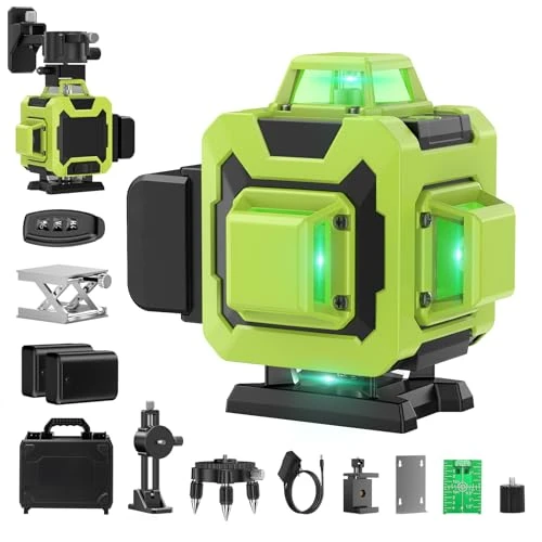 Nivel Láser Verde 360° – 16 Líneas, 4×360°, Autonivelante, Alta Visibilidad, 2 Baterías y Accesorios de Rotación, para Interiores y Exteriores