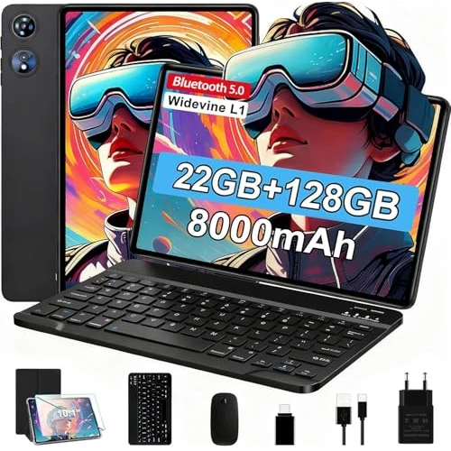 2026 Tablet 10 Zoll Android mit Octa-Core 2.0 GHz, 22 GB RAM + 128 GB ROM (TF/2TB), Widevine L1, 5G WiFi 6, Bluetooth 5.0, 1280 x 800 FHD IPS, 8000 mAh, GMS, Newest Tablet mit Tastatur und Maus