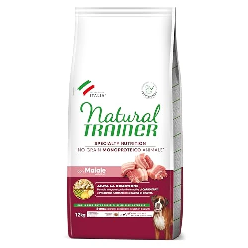 Natural Trainer Sensitive No Grain Monoprotein Animal Food for Medium & Maxi Adult Dogs with Pork and Potatoes – 12 kg
