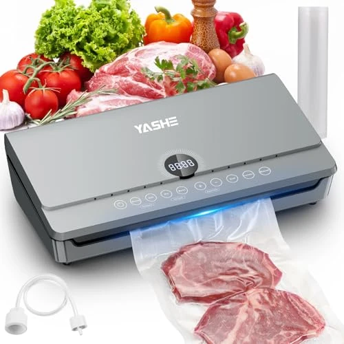 Offerta a tempo: YASHE Macchina Sottovuoto Alimenti 80KPa, 10 in 1 Macchina Sottovuoto con Coperchio Magnetico, Doppio Sigillo e Doppia Pompa, Vano Porta Rotolo Integrato, Tubo, 1 Rotolo da 20x300cm Incluso - 57% da 59.99 € a 25.64 €