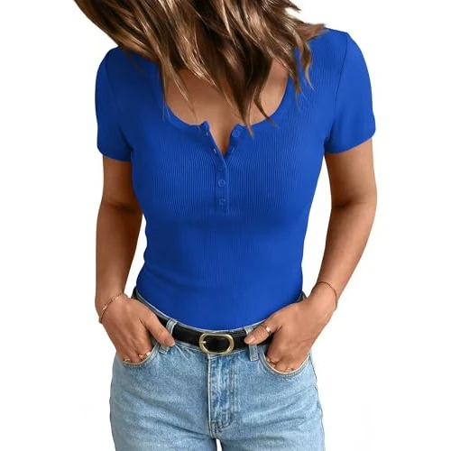 Offre limitée : Tee Shirt Femme Col V Haut Côtelée Manches Courtes Tshirt Bleu Roi S de 4.99 € à 4.99 € (0.0% de remise)