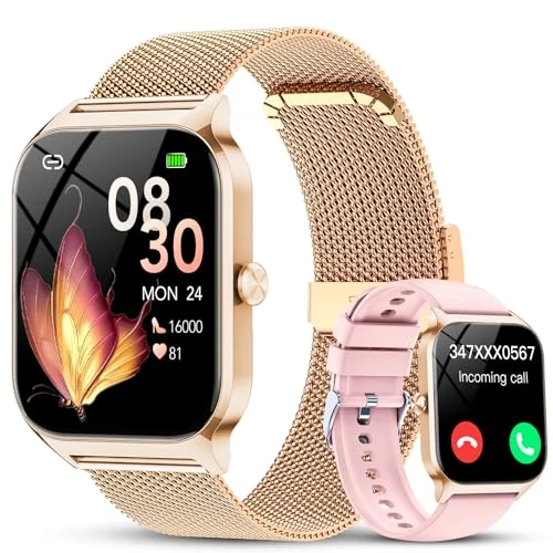CASCHO Women's Smart Watch with Bluetooth Call, 1.85 Inch HD Smartwatch with Heart Rate/Sleep/SpO2, 120+ Sports Modes, IPX7 Waterproof Fitness Tracker, Watch for iOS Android Gold