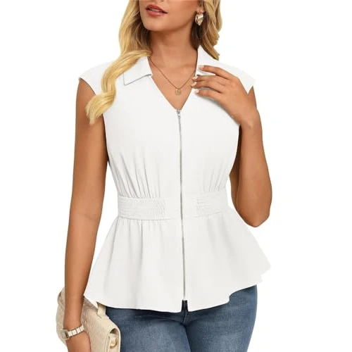 Zeitlich begrenztes Angebot: GRACE KARIN Damen Ärmelloses Bluse Elegante Kragen Reißverschluss Vorne Oberteile Taillierte Rüschen Business Casual Top Weiß S von 26.61 € auf 14.99 € (44% Rabatt)