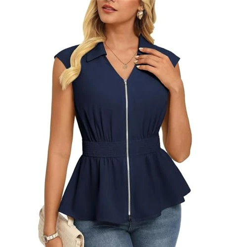 Offre limitée : GRACE KARIN Chemisier Femme Sans Manches avec Fermeture Éclair Élégant Col Montant Élastique en Taille Top d'Été pour Affaires Décontractées, bleu marine, M de 14.99 € à 9.89 € (34% de remise)