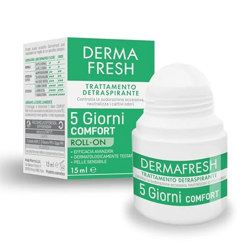 Offerta a tempo: Dermafresh 5 giorni Comfort, Trattamento Detraspirante, Roll On, 15 ml, per Pelle Sensibile, Regola la Sudorazione Intensa, Senza Alcol e Profumo, Dermatologicamente Testato - 40% da 14.90 € a 8.99 €