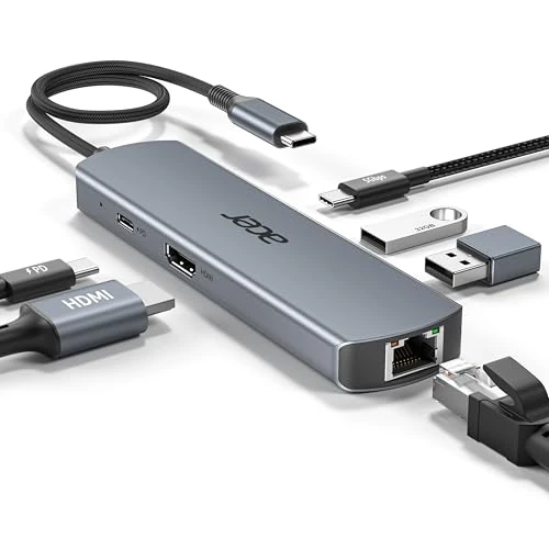 Acer USB C Hub with 1000Mbps Ethernet, 4K@60Hz HDMI, 1×USB-C 5Gbps, 2×USB-A 3.0, Type-C 100W PD, Multiport Docking Station for iPhone 17/16, MacBook iPad Pro/Air, Mac mini M4, Surface, Galaxy S25 etc.