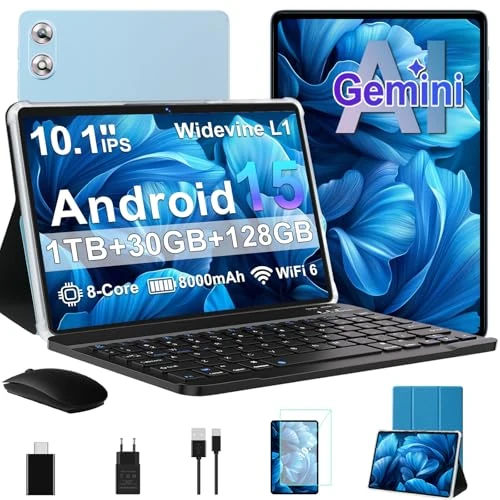Offerta a tempo: fezawio Tablet 10,1 pollici Android 15 con Gemini AI, 30 GB RAM 128 GB ROM, espandibile fino a 1 TB, Octa-Core, WiFi 6, Widevine L1, 8000 mAh, con mouse, tastiera e custodia, blu - 63% da 299.99 € a 109.79 €