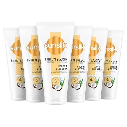 Offerta a tempo: Sunsilk, 1 Minute WOW Cocco & Aloe Vera, Trattamento Intensivo Capelli in 1 Minuto, Capelli Idratati, Brillanti e Più Sani, con 98% Ingredienti di Origine Naturale, Senza Siliconi, 6 Pezzi da 180 ml - 33% da 20.94 € a 13.93 €