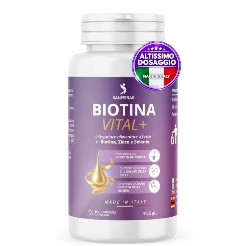 Offerta a tempo: BIOTINA CAPELLI, UNGHIE, PELLE, CAPELLI 365 Compresse (Scorta 1 Anno) Integratore Naturale Biotina Zinco e Selenio Vitamine per Crescita e Anticaduta Donna e Uomo Alta Dosaggio Made in Italy - 70% da 9.89 € a 2.95 €