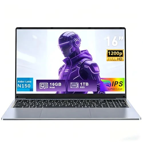 FUNYET Laptop 16", 16 GB RAM, dysk SSD 1 TB, laptop Win 11 Pro, procesor laptopa N150 (do 3,6 GHz), 6000 mAh, notebook FHD 1920 x 1200, podświetlana klawiatura, WiFi5
