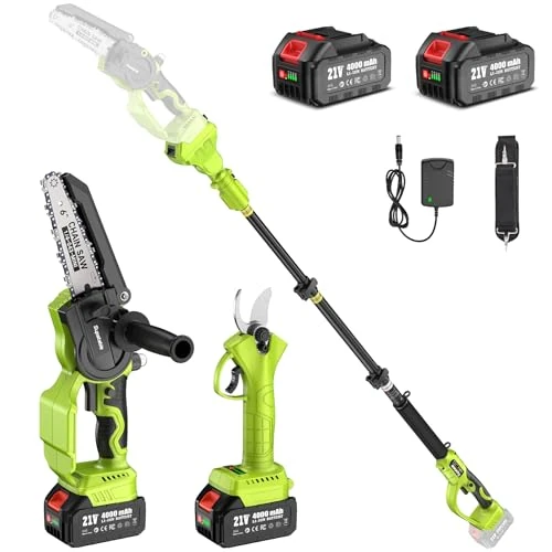 Supstable Teleskopowa piła łańcuchowa 6 cali i 33 mm nożyce do przycinania bateryjnego, 4 w 1 zestaw piły łańcuchowej i nożyczki z bateriami 8000 mAh, drążek teleskopowy 4,8 m, beznarzędziowa